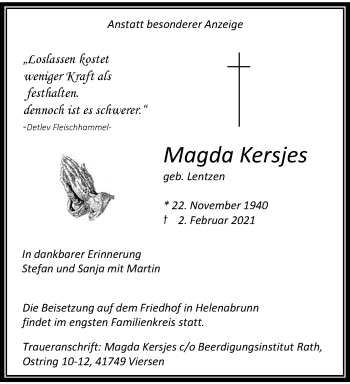 Traueranzeige von Magda Kersjes von trauer.extra-tipp-moenchengladbach.de