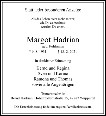 Traueranzeige von Margot Hadrian von trauer.wuppertaler-rundschau.de