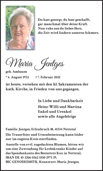 Traueranzeige von Maria Jentges von trauer.extra-tipp-moenchengladbach.de