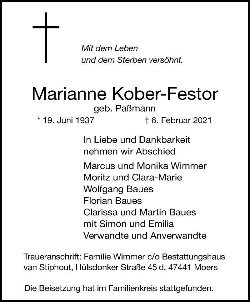  Traueranzeige für Marianne Kober-Festor vom 14.02.2021 aus trauer.mein.krefeld.de