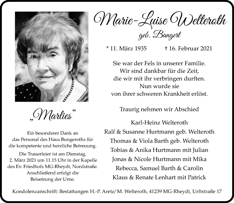  Traueranzeige für Marie-Luise Welteroth vom 21.02.2021 aus trauer.extra-tipp-moenchengladbach.de