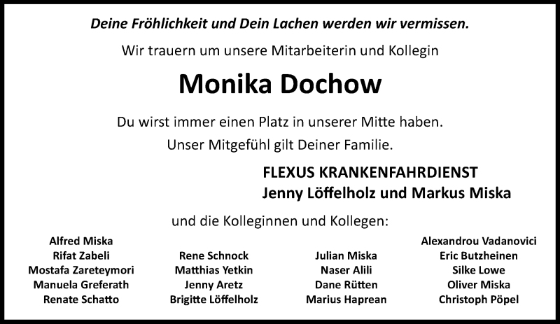  Traueranzeige für Monika Dochow vom 14.02.2021 aus trauer.extra-tipp-moenchengladbach.de