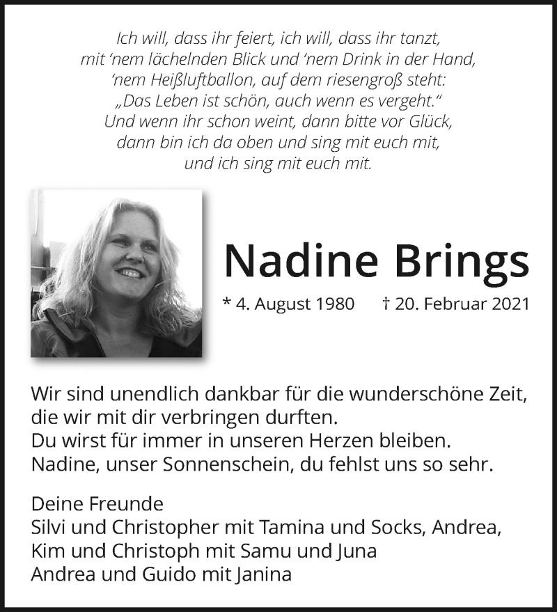  Traueranzeige für Nadine Brings vom 28.02.2021 aus trauer.extra-tipp-moenchengladbach.de
