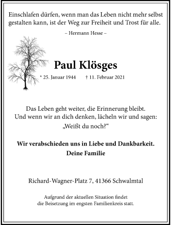 Traueranzeige von Paul Klösges von trauer.extra-tipp-moenchengladbach.de