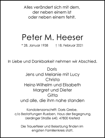 Traueranzeige von Peter M. Heeser von trauer.mein.krefeld.de