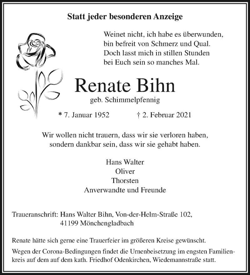  Traueranzeige für Renate Bihn vom 07.02.2021 aus trauer.extra-tipp-moenchengladbach.de