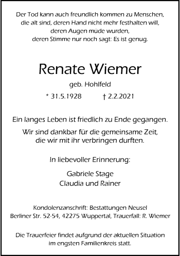 Traueranzeige von Renate Wiemer von trauer.wuppertaler-rundschau.de