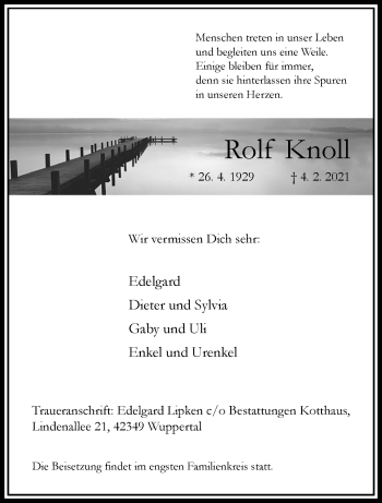 Traueranzeige von Rolf Knoll von trauer.wuppertaler-rundschau.de
