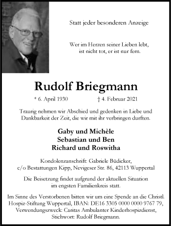 Traueranzeige von Rudolf Briegmann von trauer.wuppertaler-rundschau.de
