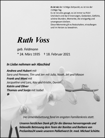 Traueranzeige von Ruth Voss von trauer.wuppertaler-rundschau.de