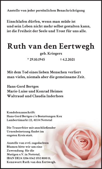 Traueranzeige von Ruth van den Eertwegh von trauer.extra-tipp-moenchengladbach.de