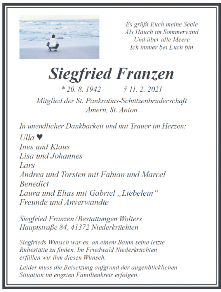  Traueranzeige für Siegfried Franzen vom 21.02.2021 aus trauer.extra-tipp-moenchengladbach.de