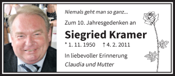Traueranzeige von Siegried Kramer von trauer.wuppertaler-rundschau.de