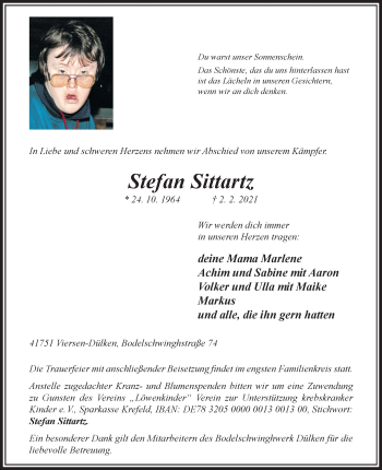 Traueranzeige von Stefan Sittartz von trauer.extra-tipp-moenchengladbach.de