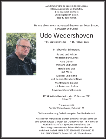 Traueranzeige von Udo Wedershoven von trauer.extra-tipp-moenchengladbach.de
