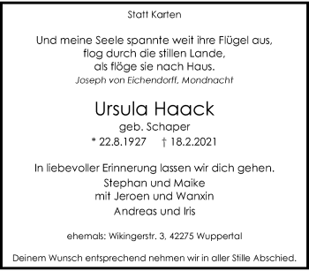 Traueranzeige von Ursula Haack von trauer.wuppertaler-rundschau.de