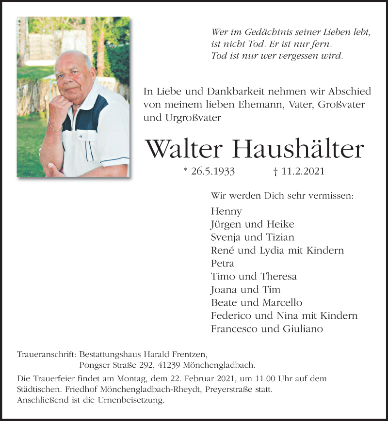  Traueranzeige für Walter Haushälter vom 21.02.2021 aus trauer.extra-tipp-moenchengladbach.de