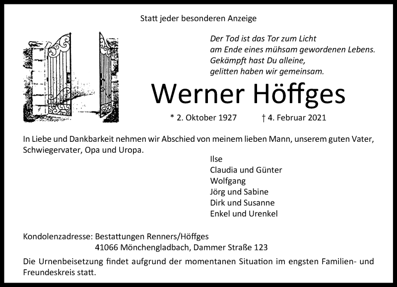  Traueranzeige für Werner Höffges vom 14.02.2021 aus trauer.extra-tipp-moenchengladbach.de