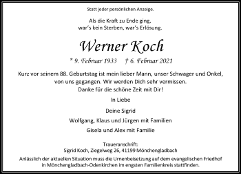 Traueranzeige von Werner Koch von trauer.extra-tipp-moenchengladbach.de