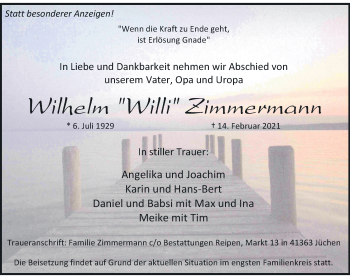 Traueranzeige von Wilhelm Zimmermann von trauer.stadt-kurier.de