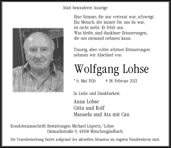 Traueranzeige von Wolfgang Lohse von trauer.extra-tipp-moenchengladbach.de