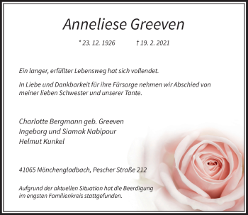 Traueranzeige von Anneliese Greeven von trauer.extra-tipp-moenchengladbach.de