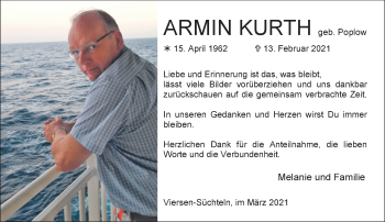 Traueranzeige von Armin Kurth von trauer.extra-tipp-moenchengladbach.de