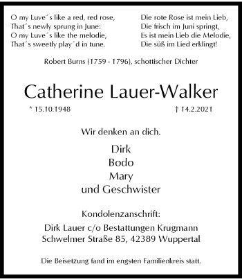 Traueranzeige von Catherine Lauer-Walken von trauer.wuppertaler-rundschau.de