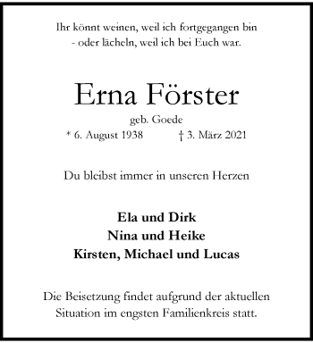 Traueranzeige von Erna Förster von trauer.wuppertaler-rundschau.de