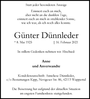 Traueranzeige von Günter Dünnleder von trauer.wuppertaler-rundschau.de