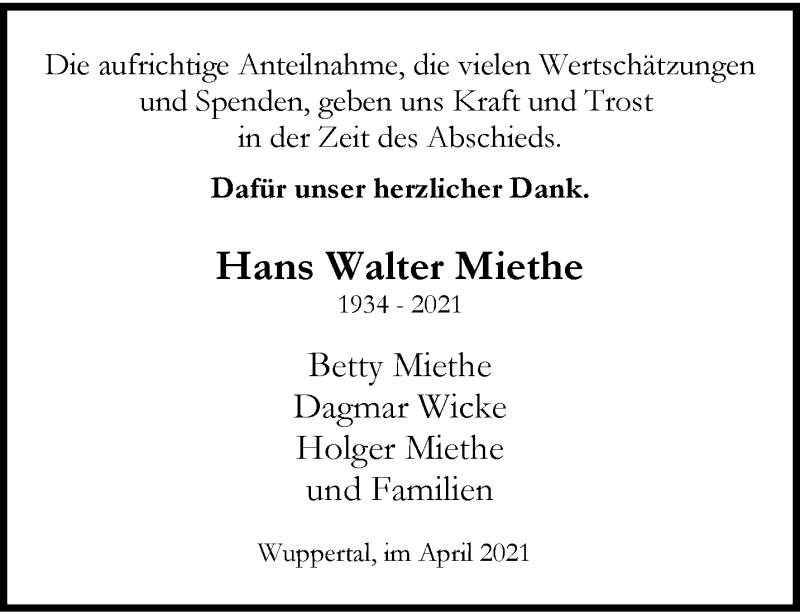  Traueranzeige für Hans Walter Miethe vom 03.04.2021 aus trauer.wuppertaler-rundschau.de