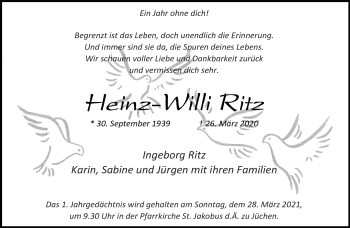 Traueranzeige von Heinz-Willi Ritz von trauer.stadt-kurier.de