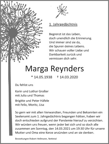 Traueranzeige von Marga Reynders von trauer.extra-tipp-moenchengladbach.de