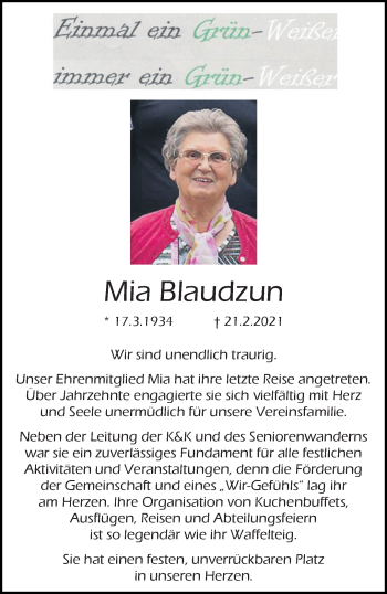 Traueranzeige von Mia Blaudzun von trauer.wuppertaler-rundschau.de