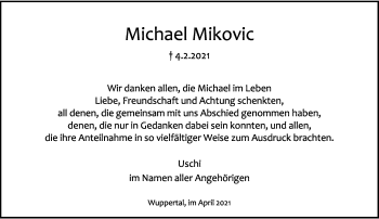 Traueranzeige von Michael Mikovic von trauer.wuppertaler-rundschau.de