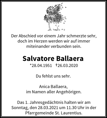 Traueranzeige von Salvatore Ballaera von trauer.wuppertaler-rundschau.de