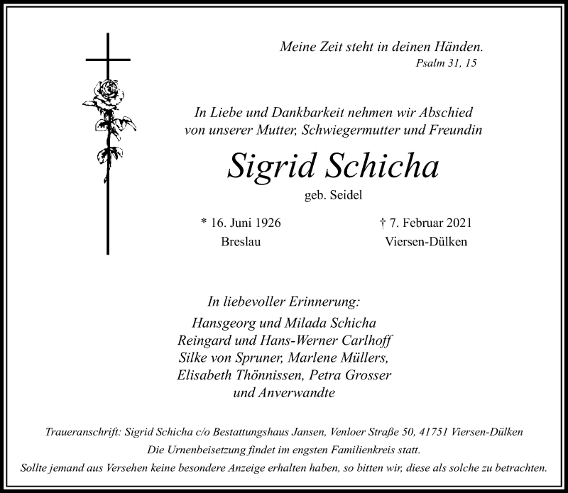  Traueranzeige für Sigrid Schicha vom 21.03.2021 aus trauer.extra-tipp-moenchengladbach.de