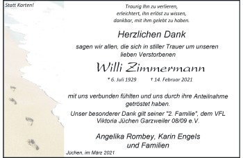 Traueranzeige von Willi Zimmermann von trauer.stadt-kurier.de