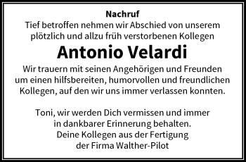 Traueranzeige von Antonio Velardi von trauer.wuppertaler-rundschau.de