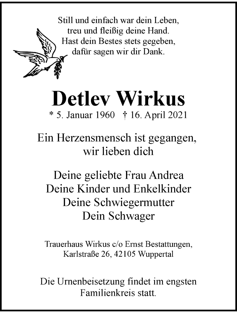  Traueranzeige für Detlev Wirkus vom 24.04.2021 aus trauer.wuppertaler-rundschau.de