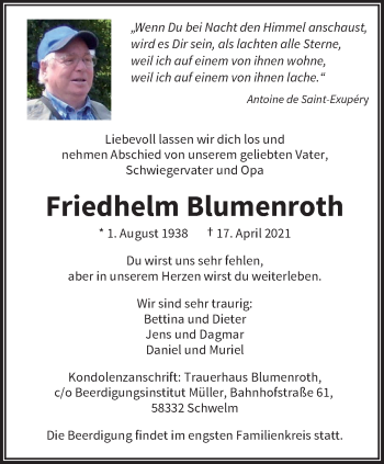 Traueranzeige von Friedhelm Blumenroth von trauer.wuppertaler-rundschau.de