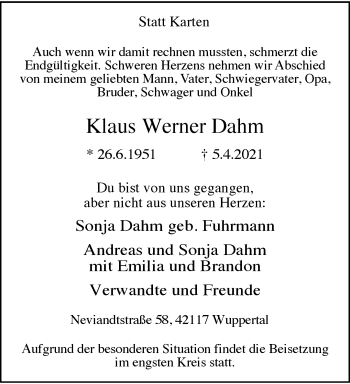 Traueranzeige von Klaus Werner Dahm von trauer.wuppertaler-rundschau.de