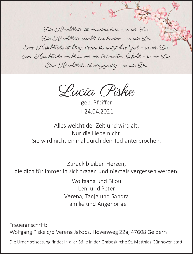  Traueranzeige für Lucia Piske vom 02.05.2021 aus trauer.extra-tipp-moenchengladbach.de