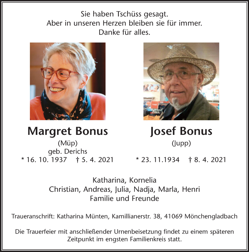  Traueranzeige für Margret und Josef Bonus vom 11.04.2021 aus trauer.extra-tipp-moenchengladbach.de