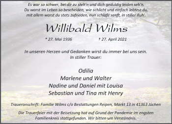 Traueranzeige von Willibald Wilms von trauer.stadt-kurier.de