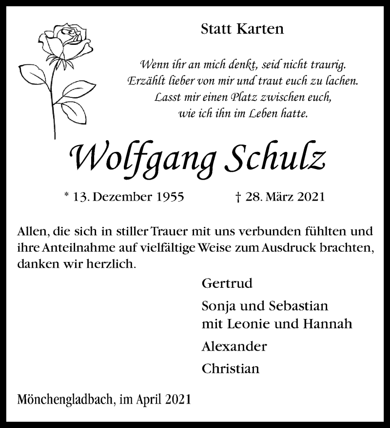  Traueranzeige für Wolfgang Schulz vom 11.04.2021 aus trauer.extra-tipp-moenchengladbach.de