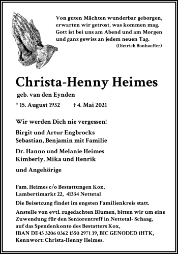 Traueranzeige von Christa-Henny Heimes von trauer.extra-tipp-moenchengladbach.de