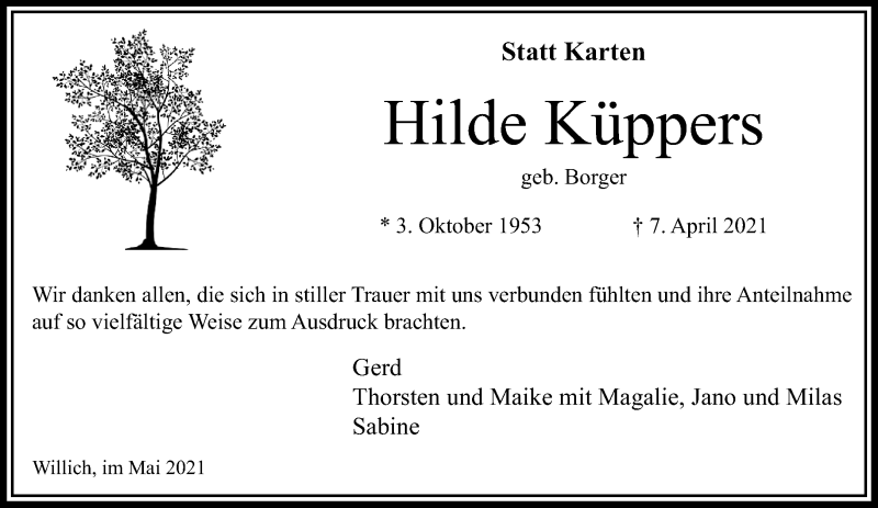  Traueranzeige für Hilde Küppers vom 09.05.2021 aus trauer.extra-tipp-moenchengladbach.de