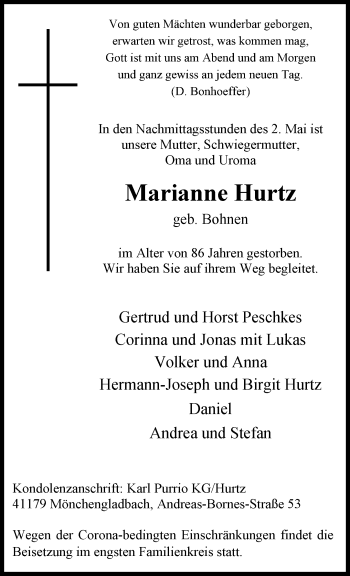 Traueranzeige von Marianne Hurtz von trauer.extra-tipp-moenchengladbach.de