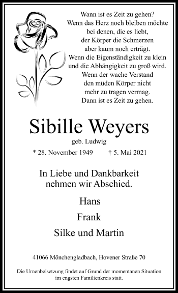 Traueranzeige von Sibille Weyers von trauer.extra-tipp-moenchengladbach.de